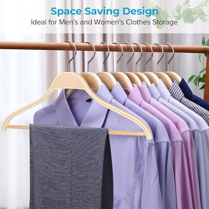 JS HANGER Wooden Coat Hangers, 30 Pack Light Weight Wood Coat/Suit Hangers with Non-Slip Pant Bar, Natural Finish