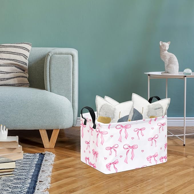 Girls Storage Basket with Pink Bow Print,14.5" x 10.2" x 9.1",Waterproof coating,Collapsible Rectangular Bin with Handles; Ideal for Girls' Gifts, Laundry, Clothes & Toy Storage,Home Organizer