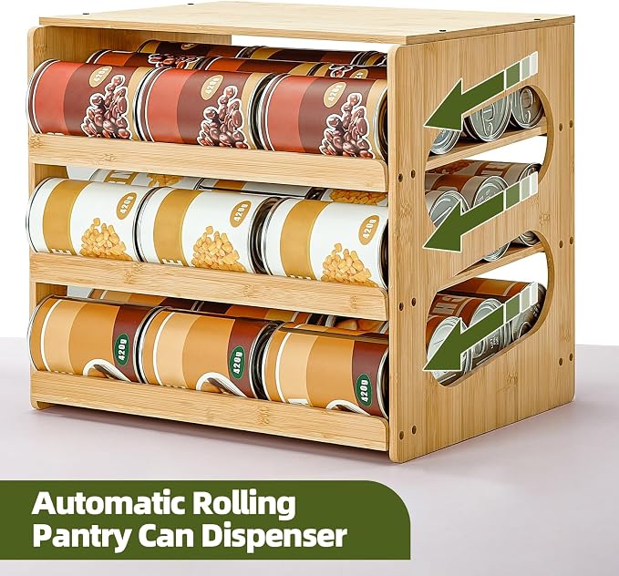 Aminigram Bamboo Rolling Can Organizer for Pantry, 4 Tier Pantry Can Organizers and Storage, Soup Can Organizer for Counter top Kitchen Cabinet