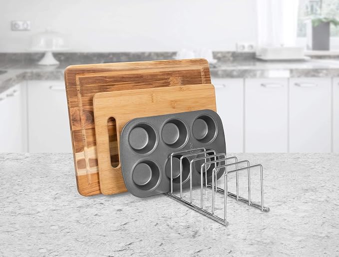 GERUSEA Pot Lid Holder, Stainless Steel Kitchen Organizer Rack Rest, Storage Cutting Boards, Bakeware, Pots & Pans, Serving Trays, Reusable Containers in Cabinet Pantry on Countertop