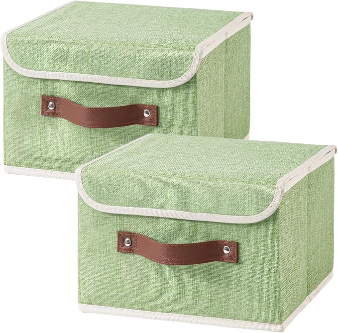 2PCS Collapsible Storage Boxes Baskets with Lid Cotton Linen Fabric Storage Bins with Faux Leather Handles Washable Cube Organizer Container for Home Closet Bedroom (Green, Small Size)