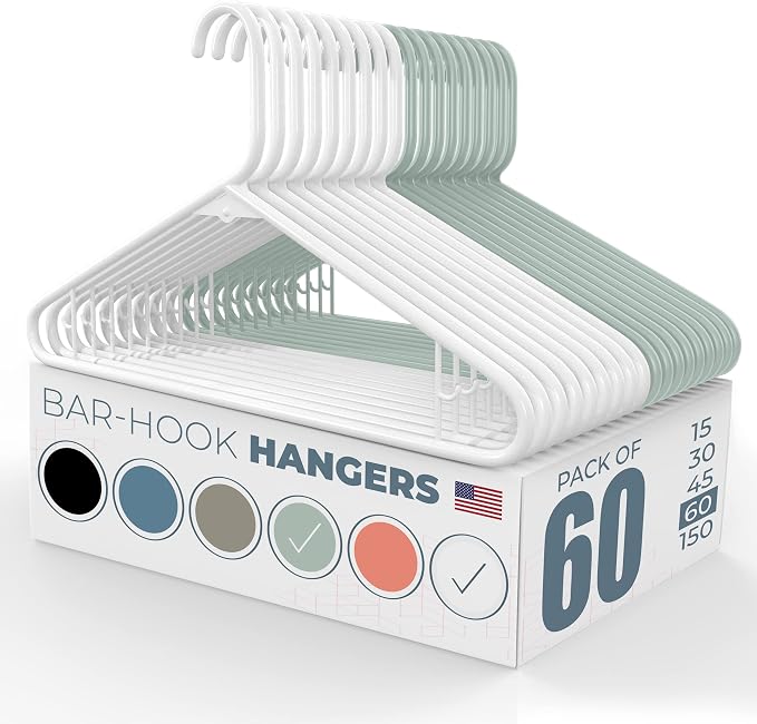 Plastic Hangers 50 Pack (60 Count) – Made in the USA – 6lb Capacity Standard Clothes Hangers with Strap Hooks for Dresses, Lingerie, Shirts, Pants, and Jackets – White & Mint