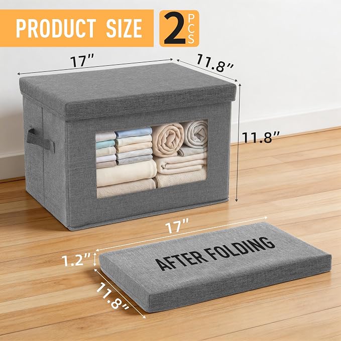 2-Pack Large Storage Bins with Lids & Clear Window, Foldable Fabric Closet Organizer Boxes, Stackable Cube Baskets with Soft Handles for Clothes & Blankets, 17”, Grey