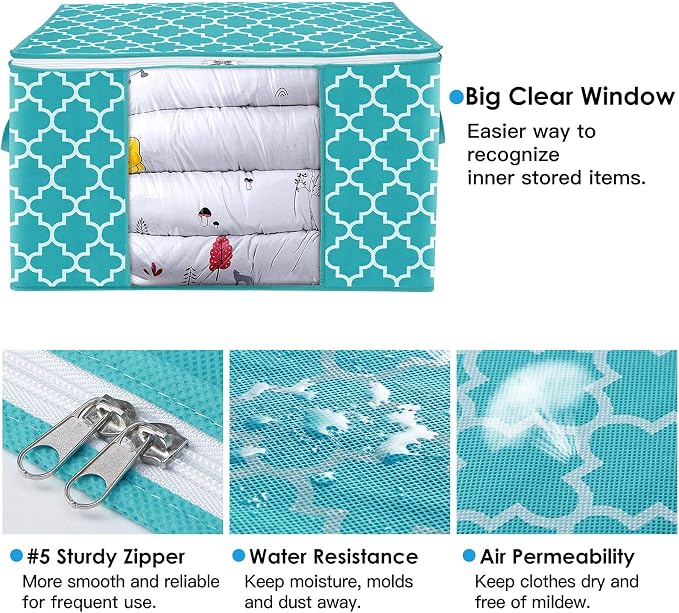 WISELIFE Storage Bags 100L 3-Pack Large Blanket Clothes Organization and Storage Containers for Bedding, Comforters, Foldable Organizer with Reinforced Handle, Clear Window, Sturdy Zippers,Green