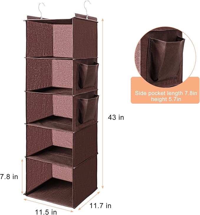 BOOMIBOO Hanging Closet Organize and Shelves，5-Hanging Shelf with 2 Side Pockets，Storage Foldable （Browm）