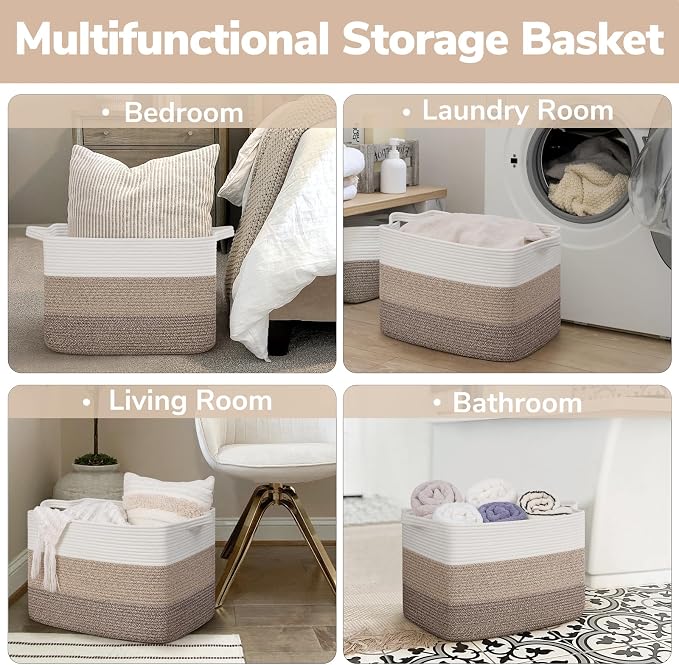 Goodpick Large Storage Basket, 18"x14"x12" Cotton Rope Organizer for Blankets, Toy Baskets Storage Kids, Rectangle Woven Basket for Living Room, Bedroom, Gradient Brown