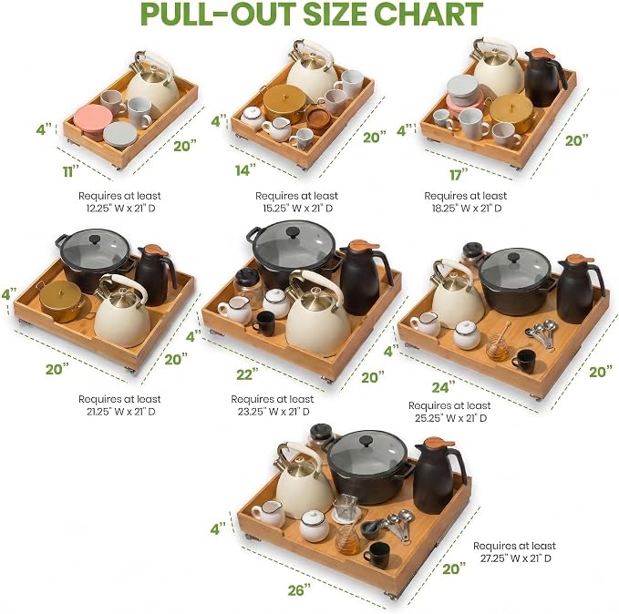 HOLDN’ STORAGE Bamboo Wooden Pull out Cabinet Organizer 24"W x 21"D Requires At Least a 25.25"W x 21"D Cabinet Opening W/Lifetime Limited Warranty, Bamboo Tray and Heavy Gauge Metal Rails