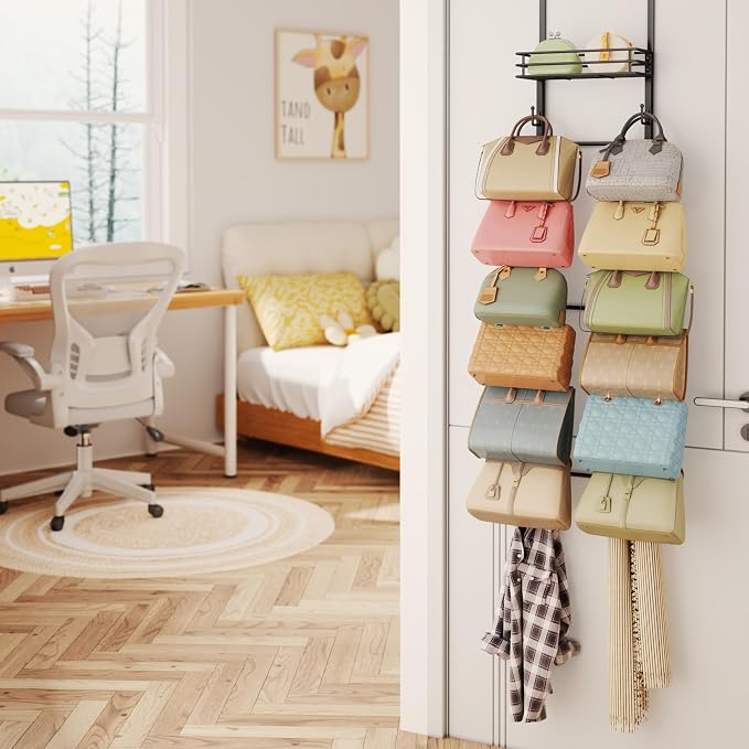 HapiRm Over The Door Purse Organizer - Wall Mounted Purse Rack with 16 Hooks and Metal Basket, Hanging Handbag Organizer Holds up to 16 Bags, Bag Rack Can Use As 1/2 Part, for Door, Closet (Black)