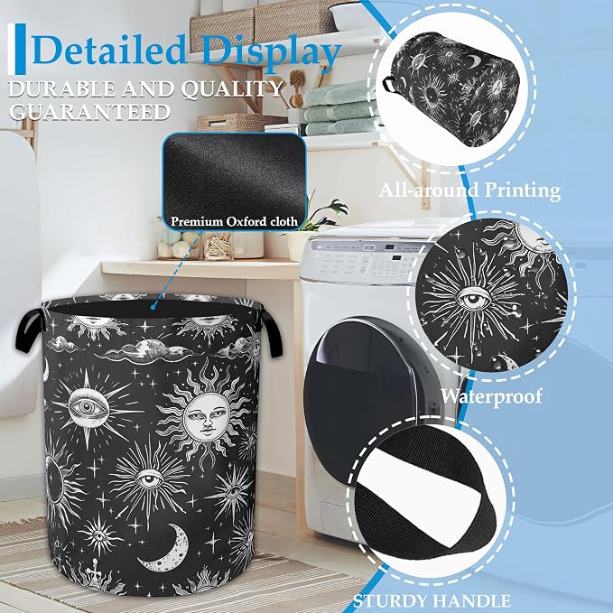 Sun Moon Laundry Basket Collapsible Laundry Hamper Oxford Storage Bin for Clothes Storage, Toy Organizer, Books and Sundries 16" X 20.8"