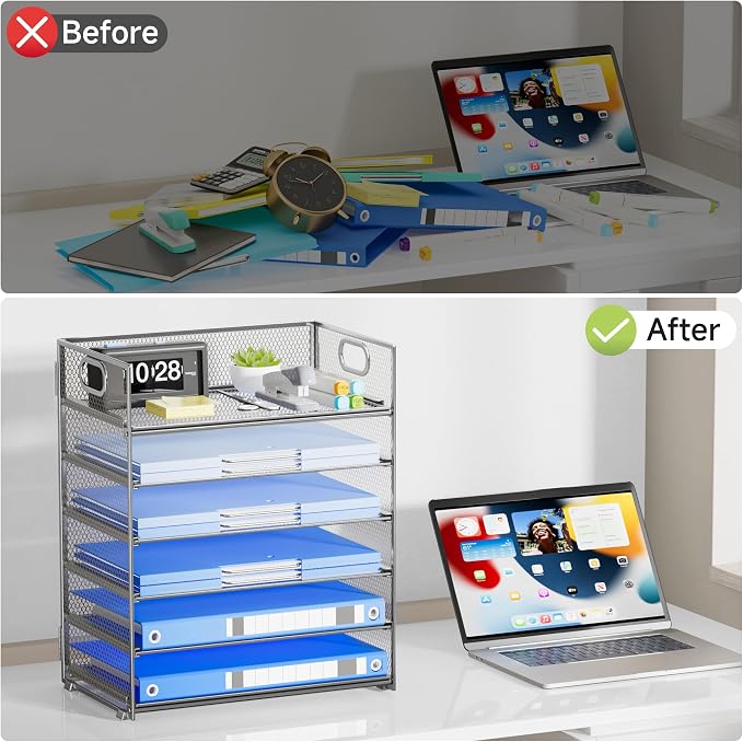 Paper Organizer for Desk with Handle, 6-Tier Silver Metal Mesh File Organizer | Stackable Desktop Organizer for Office Supplies & Home Organization