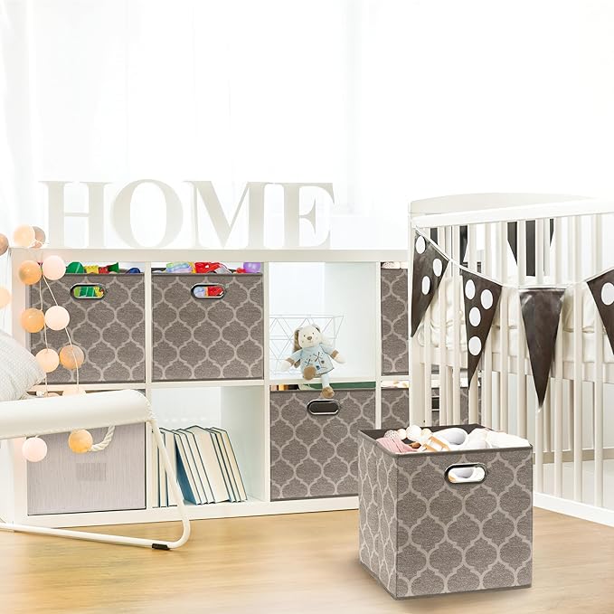 Simple Houseware 11-Inch Collapsible Fabric Cube Storage Bin with Handles, Printed Design, 6 Pack, Beige
