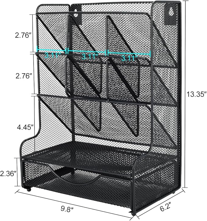 PAG Desk Organizer with Drawer Office Supplies and Accessories Storage Caddy Hanging Wall Shelf Metal Mesh Pencil Holder for Kids, 9 Compartments, Black