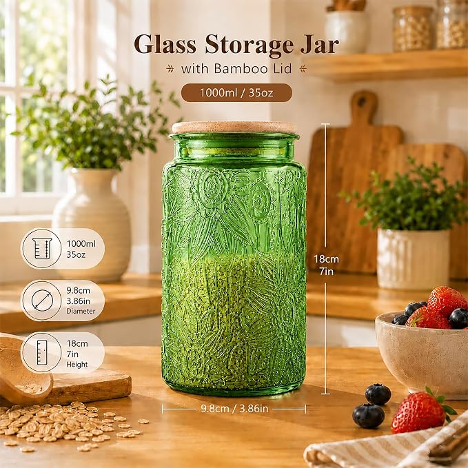 Custde Glass Storage Jars With Airtight Lid, 35oz Canister For Kitchen Counter with Bamboo Lid, brown sugar, candy, coffee, cookie, salt, tea,pantry cute Jar (Green, 35 fl oz)