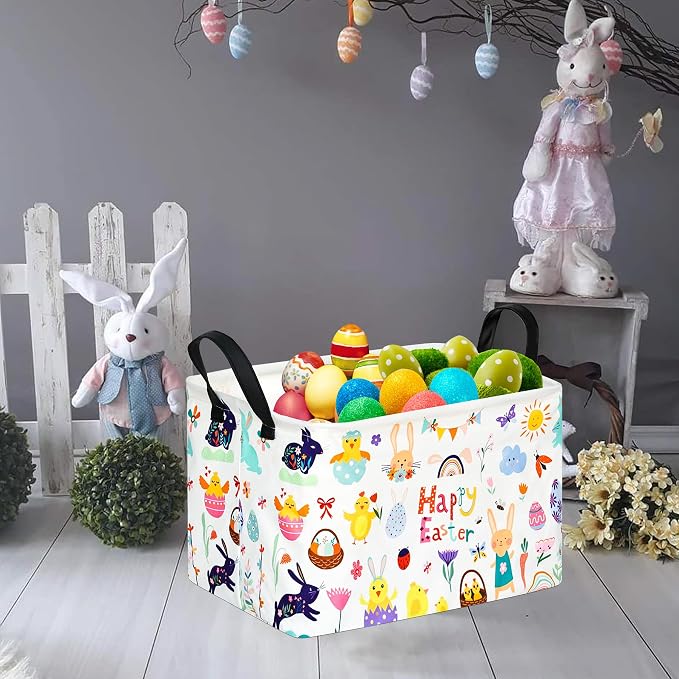 Rectangular Easter Basket Storage Bin for Shelves Cute Gifts Baskets Foldable Box with Handles for Boy and Girl Home Office Car Dormroom Easter Party Supplies
