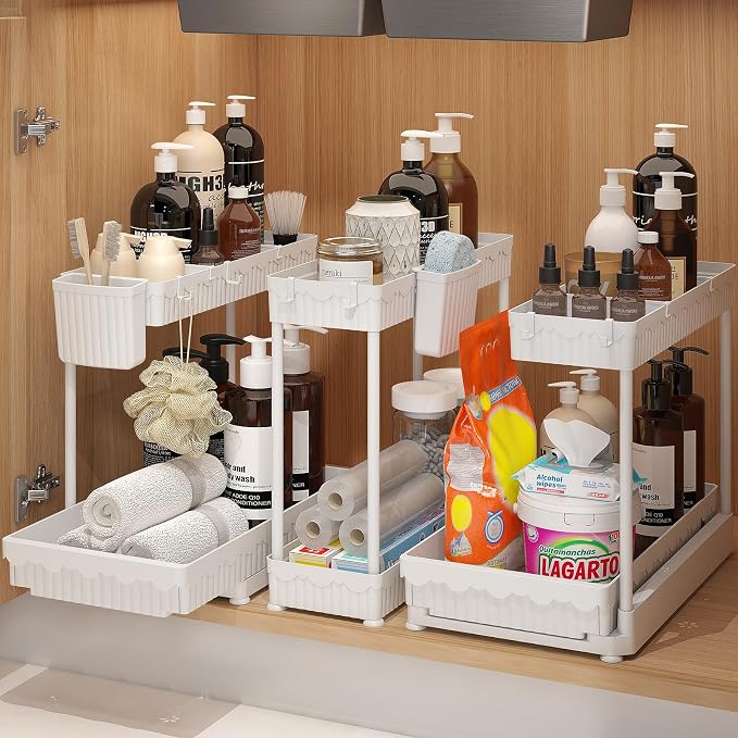 Sevenblue 3 Pack Multi-Purpose Pull-Out Storage Organizers, 2-Tier L-Shaped Under Sink/Cabinet Organizers and Storage for Bathroom & Kitchen,White,12.85 Inch