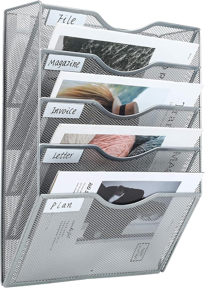 PAG Hanging Wall File Holder Mail Organizer Wall Mount Document Letter Rack, 5-Tier, Silver