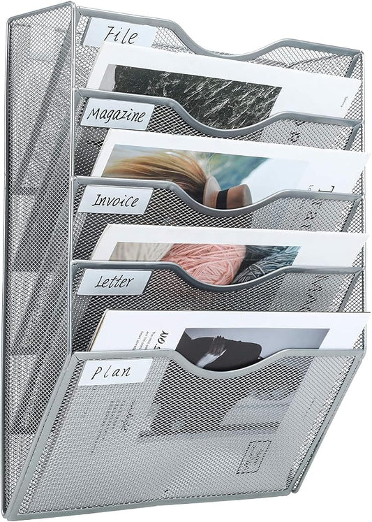 PAG Hanging Wall File Holder Mail Organizer Wall Mount Document Letter Rack, 5-Tier, Silver