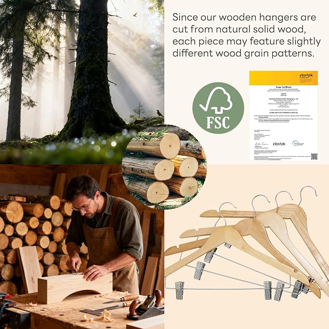 HOUSE DAY Wooden Hangers with Clips 48 Pack,Wooden Suit Hangers Skirt Hangers Solid Wood Pants Hangers Natural Smooth Finish Wood Hangers with Durable Metal Clips for Blouse, Dress, Coat, Jacket
