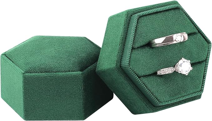 DesignSter Velvet Jewelry Ring Box,2 Slots Jewelry Ring Gift Box Vintage Ring Display Holder with Detachable Lid for Proposal, Engagement, Wedding, Ceremony(Dark green)