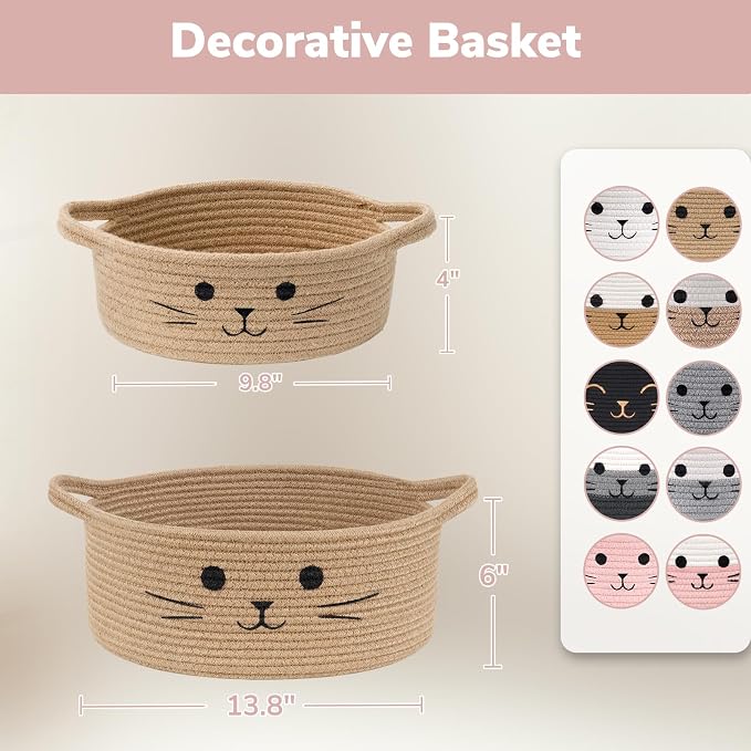 Cute Cat Toy Basket, Decorative Baby Gift Basket for Girls, Small Woven Baskets for Nursery Living Room, White & Pink, 9.8 x 4 inches
