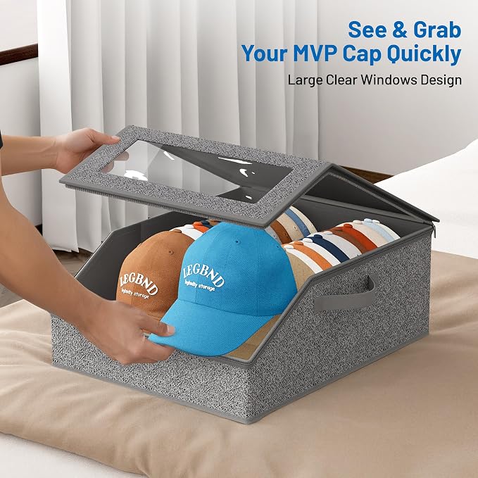 AOODA Sturdy Hat Storage for Baseball Caps, Holds up to 24 Caps Clear Hat Organizer for Closet, Bedroom, Wide Hat Box with Cardboard (Slate Grey)