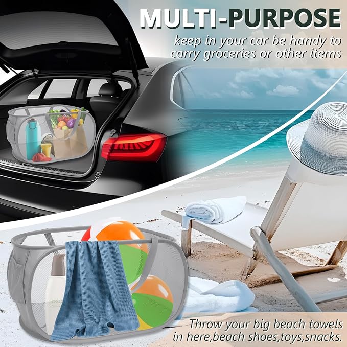 Pop Up Laundry Hamper,Collapsible Horizontal Baskets with Handles & Side Pocket,Foldable Sturdy mesh for Laundry Room,Bathroom,Kids Room,College Dorm or Travel (Grey)