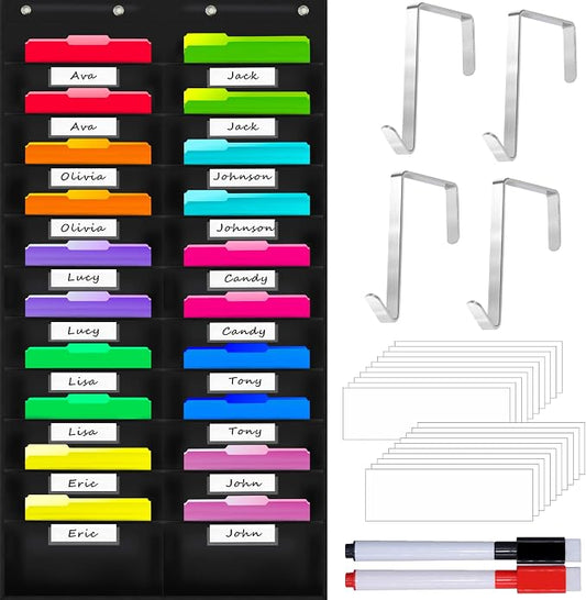 Vantasii Nylon Storage Pocket Chart with 20 Name Tag Pockets, Hanging Wall File Organizer, 4 Hooks and 20 Blank Cards, Organize Your Assignments, Files, Scrapbooks, Paper (28.5”x 47”) …