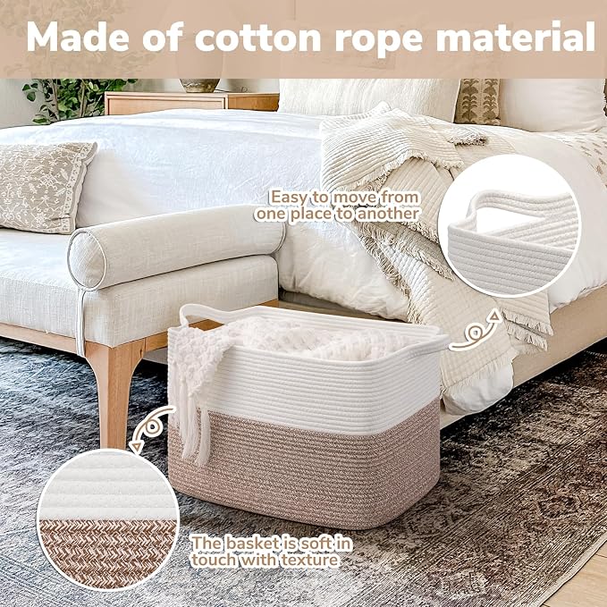 Goodpick Woven Baskets for Organizing, Rectangle Toy Baskets Storage Kids, Rope Storage Basket with Handles, Large Blanket Basket for Living Room, 18 x 14 x 12 Inches