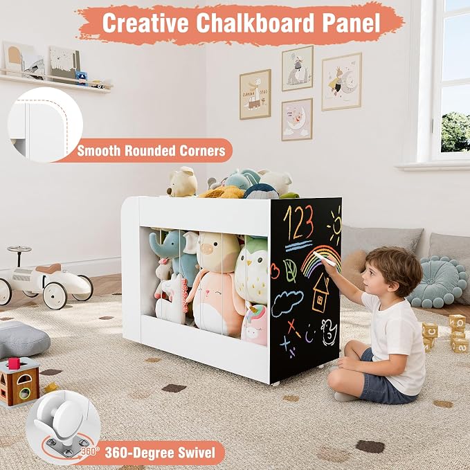 3-in-1 Toy Storage Box with Bookshelf and Chalkboard, Large Stuffed Animal Toy Chest on Wheels, Kids Toy Storage Organizer Bin for Kids Room, Nursery & Playroom, for Kids, White