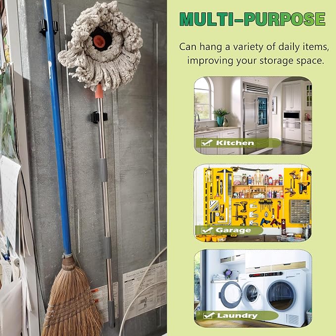 ULIBERMAGNET Magnetic Mop Broom Holder,Heavy Duty Movable Magnetic Broom Holder Rack,Anti-slip Wall Mounted Utility Storage Mop Shovel Hanger for Garage, Kitchen, Laundry, Garden(4 Pack/Black)