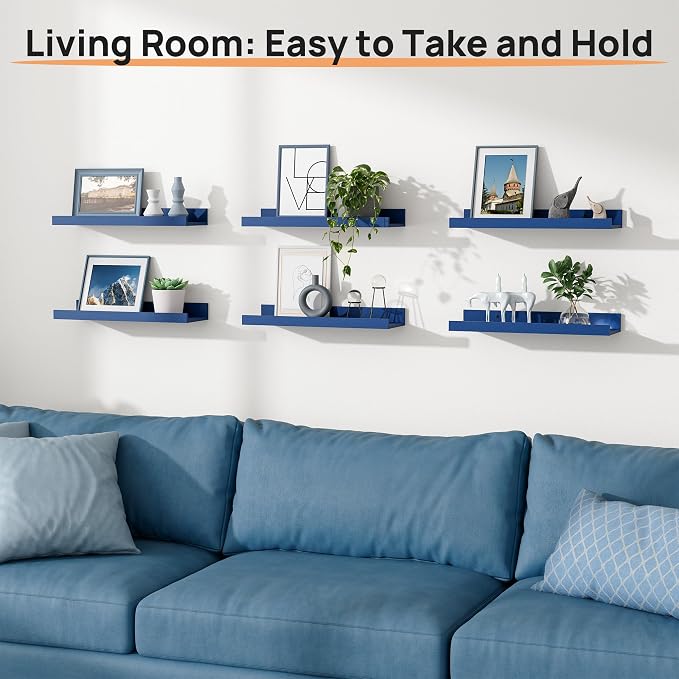 upsimples Floating Shelves for Wall, Wall Shelves for Decor Storage Set of 6, Wall Mounted Wood Shelf for Bedroom, Living Room, Bathroom, Kitchen, 15.7 inch Long Picture Ledge Shelf, Navy Blue