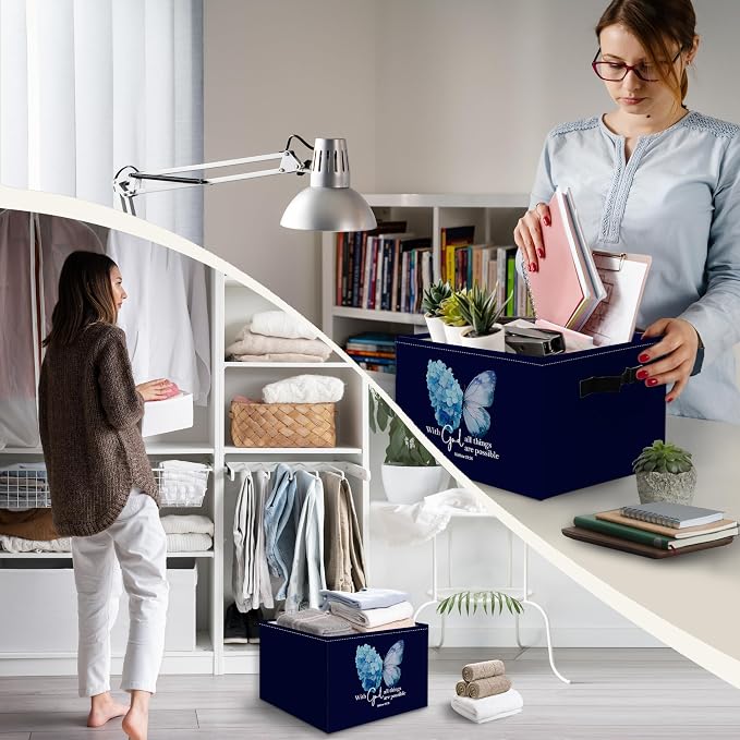 Navy Blue Christian Butterfly Foldable Storage Bins Box with Handles, With God All Things Are Possible Bible Verse Collapsible Organizer Basket for Bedroom Bathroom Clothes Toys Books