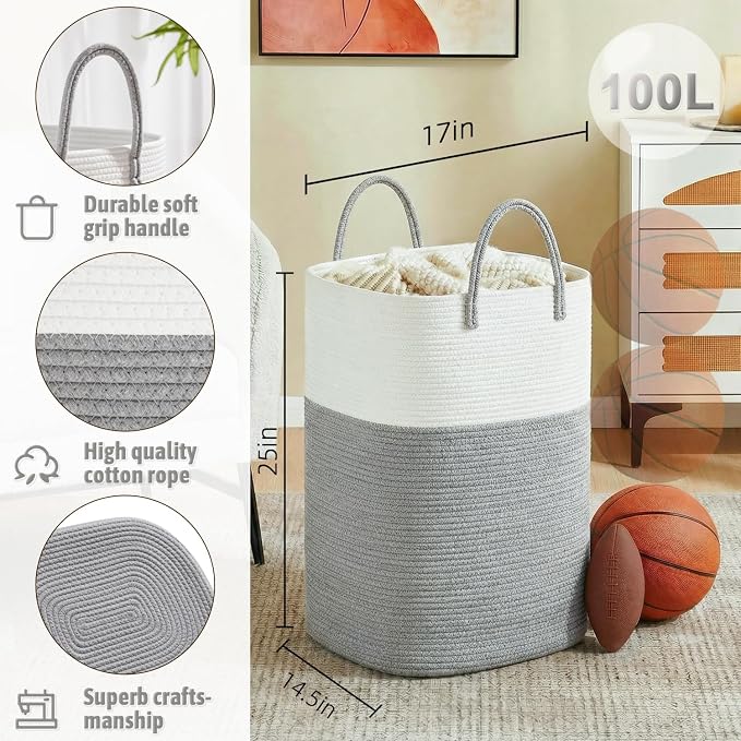 Laundry Basket,Woven Cotton Rope Laundry Hamper,Versatile Storage for Dirty Clothes,Baby Toys,and Blankets in Bathroom, Nursery,and Living Room (Grey, 100L)