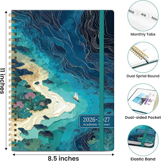 Planner 2026-2027, Hardcover Monthly and Weekly Academic Planner July 2026 - June 2027, Teacher and Student Calendar Agenda Book with Tabs, A5 (6.3" x 8.5"), Ideal for School and Office, Floral Planner, Coastal Contours