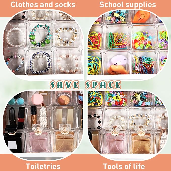 Tioncy 24 Pcs Stackable Clear Drawer Organizer Set 3" x 3" x 2" Small Makeup Vanity Storage Bins Office Desk Drawer Dividers Container Organization for Makeup Vanity Office Bathroom Kitchen Utensil