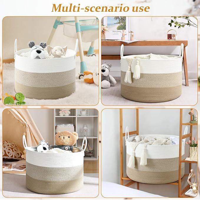67L Large Woven Blanket Basket, Cotton Rope Baby Laundry Hamper with Handles, Kids Toy Basket for Classroom & Nursery, Soft Round Stuffed Animal Storage, Dog Toy Bin - 20"x13", Gradient Brown