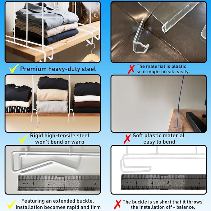 Wire Shelf dividers, Heavy Duty-Shelf dividers, [3.9"] Reinforced Wide BottomAnti &Tip Bottom Stability,Durable Coated Steel, Will not brea-Set of 8, White