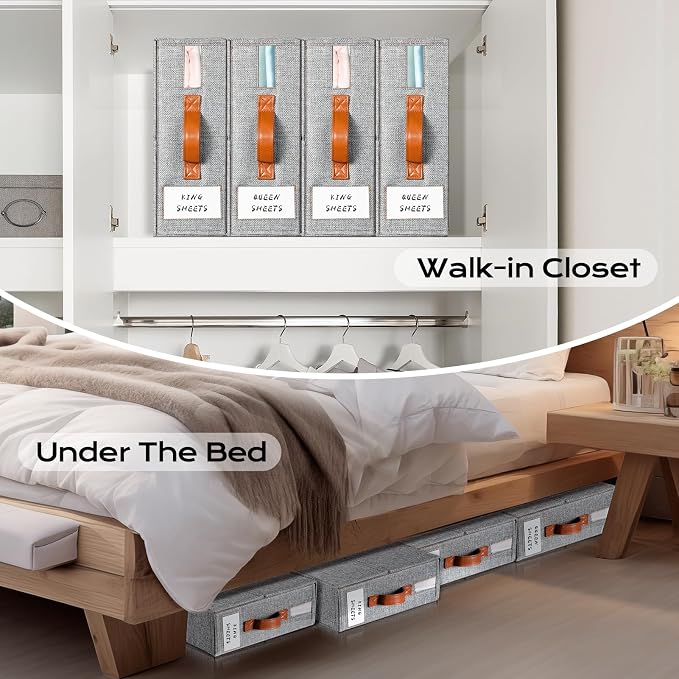 Yecaye 4 Pack Bed Sheet Organizer, Foldable Linen Closet Organizers and Storage (Queen & King Size) with Window & Label, Bedding Storage Box for Bedsheets, Duvet Covers and Pillow, Grey