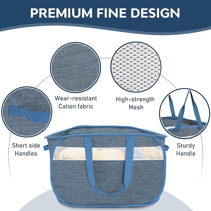 100L Collapsible Laundry Baskets, Foldable Dual Handles Laundry Hamper Blue | Lightweight, Easy to Carry, Up and Downstairs, Tear-Proof, Space-saving, for Laundry Room, Bedroom, Bathroom, Travel, Dorm