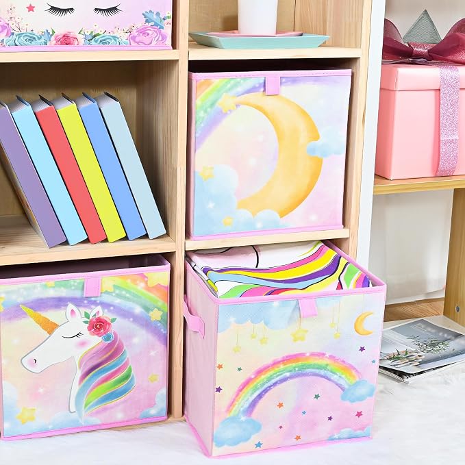 WERNNSAI Cube Storage Bins - 4 Pack Fabric Foldable Storage Cube Organizer for Kids Decorative Storage Baskets with Handles 11" x 11" Home Closet Nursery Room Bedroom (Unicorn)