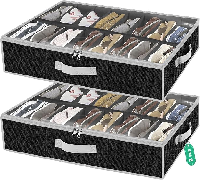 homyfort Under the Bed Shoe Storage Organizer for Closet, Extra Large Underbed Shoe Container, 2 Pack Fits 32 Pairs, Black