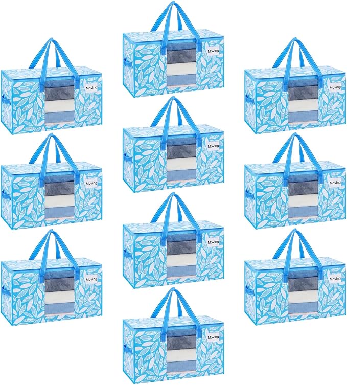 VENO 10 Pack Pack Heavy Duty Moving Bags, Clothes and Comforter Storage Bags with Clear Window, College Dorm Essentials Packing Supplies, Foldable Boxes Alternative (Spring Breeze, 10 Pack)