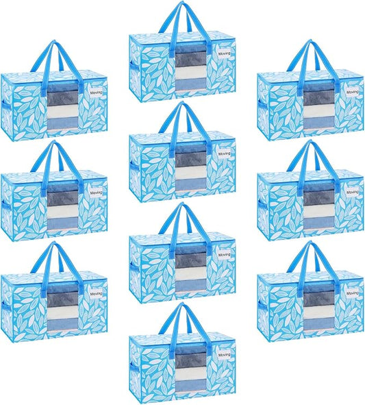 VENO 10 Pack Pack Heavy Duty Moving Bags, Clothes and Comforter Storage Bags with Clear Window, College Dorm Essentials Packing Supplies, Foldable Boxes Alternative (Spring Breeze, 10 Pack)