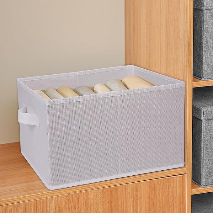 JAKAGO Fabric Storage Bins set of 4 Rectangle Storage Baskets with Handle Foldable Closet Organizer for Clothes Towel bedding Books Collapsible Clothing Container for Shelves Bedroom(White High)