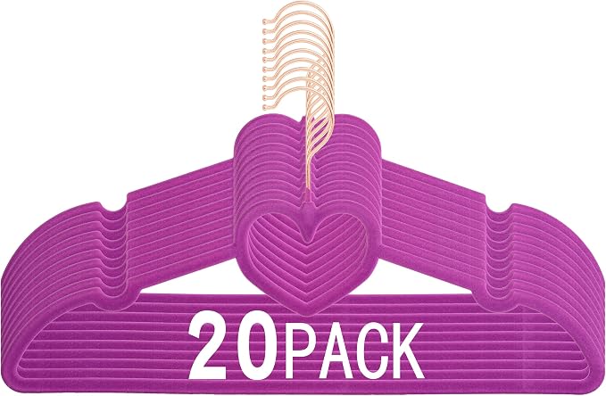 Velvet Hangers 20 Pack, 16" Non Slip Heart Hanger, 360° Swivel Rose Gold Hooks, Durable & Cute Hangers for Adult (Dark Purple)