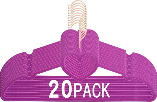 Velvet Hangers 20 Pack, 16" Non Slip Heart Hanger, 360° Swivel Rose Gold Hooks, Durable & Cute Hangers for Adult (Dark Purple)