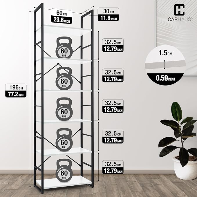 CAPHAUS 6 Tier Bookshelf, 24 Inch Width Free Standing Shelf, Bookcase Shelf Storage Organizer, Industrial Book Shelves for Home Office, Living Room, Kitchen, White Shelves & Metal Frame