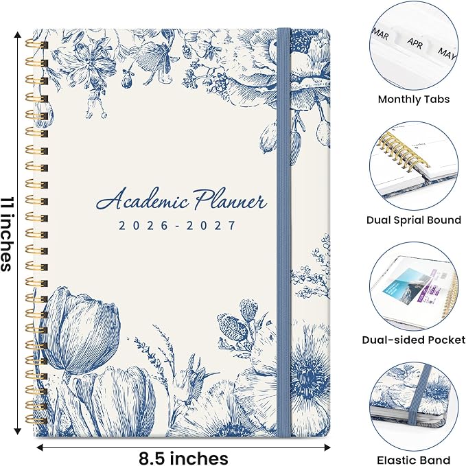 Planner 2026-2027, Hardcover Monthly and Weekly Academic Planner July 2026 - June 2027, Teacher and Student Calendar Agenda Book with Tabs, A4 (8.5" x 11"), Ideal for School and Office, Blue Elegance