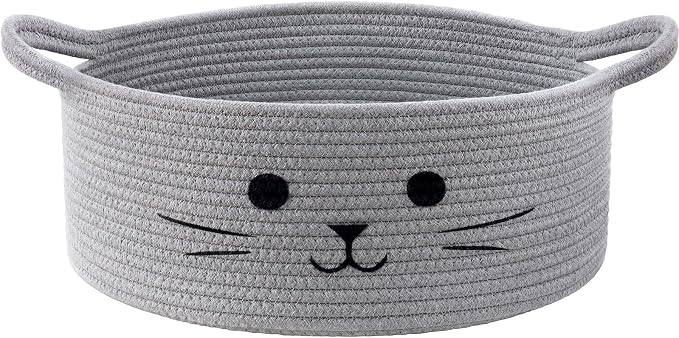 13.8" x 6" Cat Toy Basket, Woven Basket for Living Room Home Décor, Medium Empty Gift Baskets for Nursery, Cotton Rope Baskets for Cats Bed, Grey