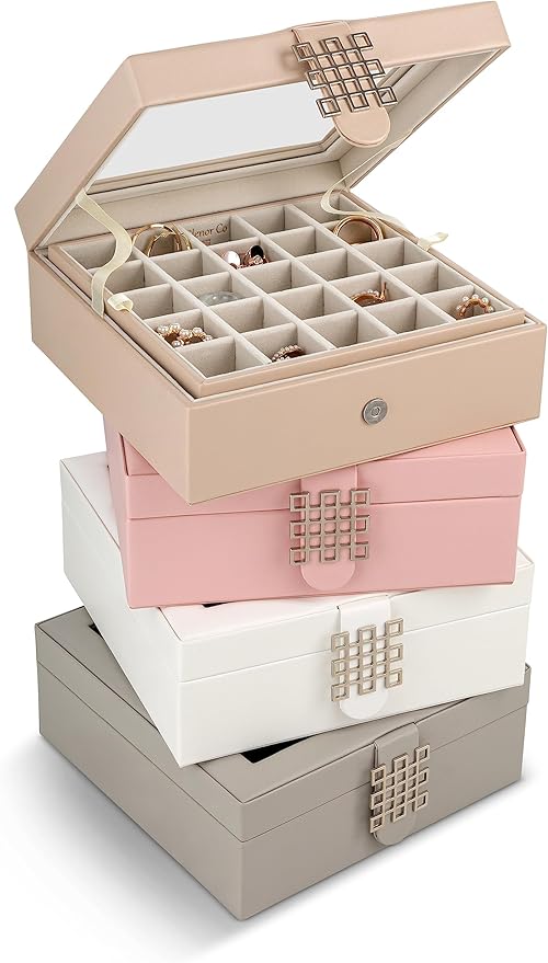 Glenor Co Earring Organizer - Classic 50 Section Jewelry Box/Case/Holder for Earrings, Rings, Necklaces, Jewelry, Cufflinks or Collections -2 Layer Small Compartments with Large Glass Top - Soft Pink
